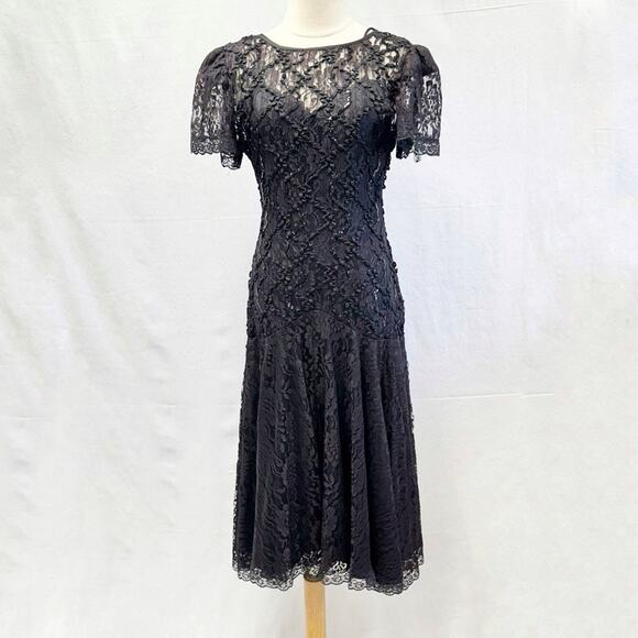 Vintage 80s Black Sequin & Illusion Lace Goth Party Dress Drop Waist size 6 - Picture 1 of 15